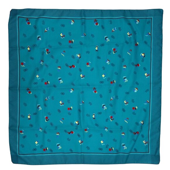 Vintage Scarf Turquoise Geometric 1990s Head Wrap Teal Retro Black Retro Rad - Picture 2 of 7